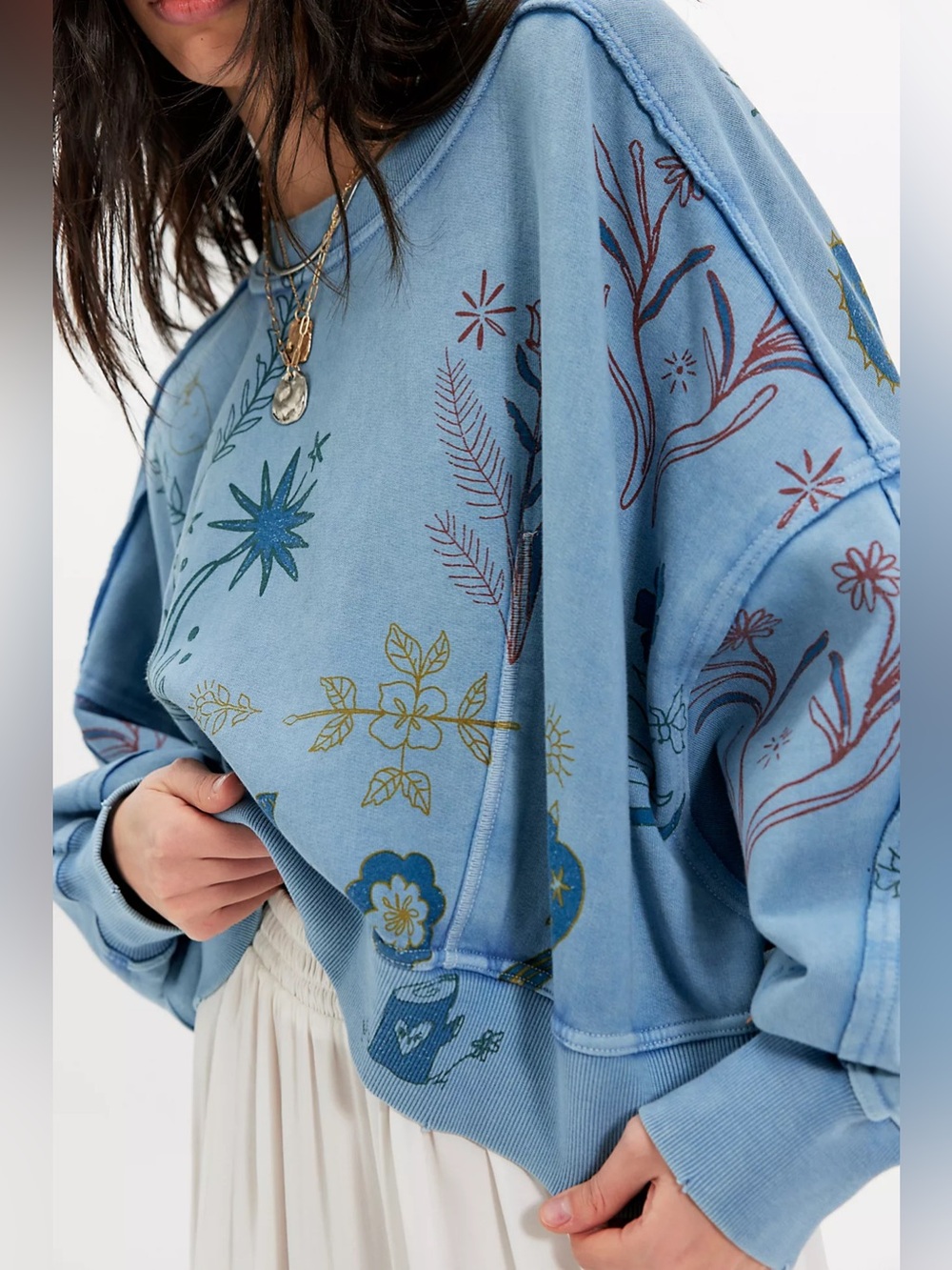 Free People Gaia Sweatshirt in Folk Combo Blue NWT